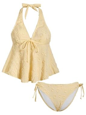 OYOANGLE Women's Tankini Swimsuits Textured Flowy Halter Bikini Set 2 Piece